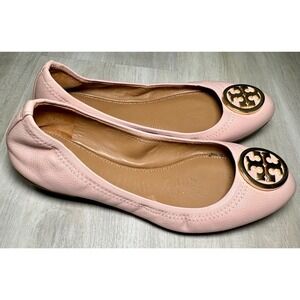 Tory Burch Minnie Travel Ballet Flats Pink Leather Logo Size 7.5
